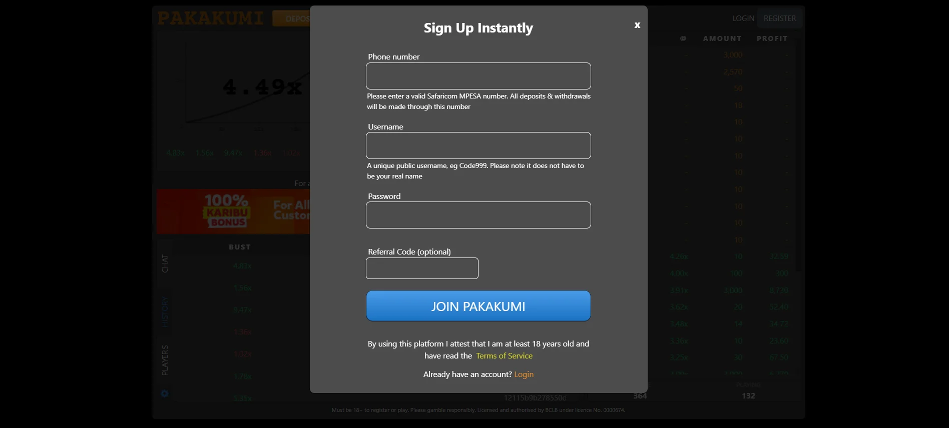 Pakakumi registration and login interface